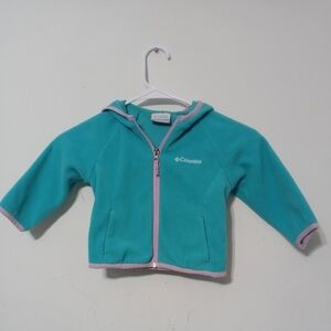 Columbia Girl's 2T Full Zip Aqua w pink trim long sleeve hooded fleece jacket